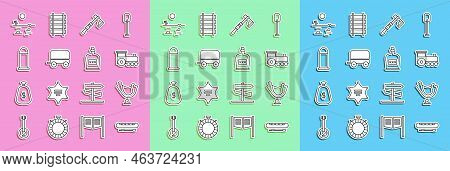 Set Line Kayak Or Canoe And Paddle, Wild West Saddle, Retro Train, Tomahawk Axe, Covered Wagon, Bull