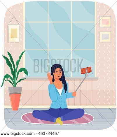 Young Girl Taking Selfie Or Recording Video. Beautiful Female Model, Internet Influencer With Smartp