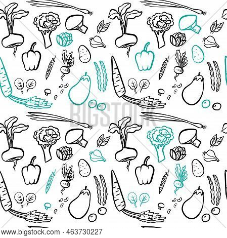 Seamless Pattern With Hand Drawn Black And Green Vegetables. Flat Pepper, Tomato, Leek, Broccoli, Ga