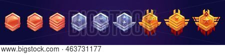 Game Rank Icons, Level Badges, Bronze, Silver And Gold Metallic Ui Hexagon Tags With Military Stars 