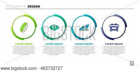 Set Gold Ring, Eye With Dollar, Growth Arrow Gold Bars And Mine Cart. Business Infographic Template.