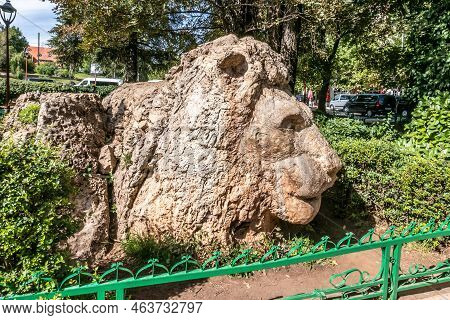 Fez, Morocco - September 19,2022 - Sculpture Of A Lion In A Park Of The City Ifrane In Morocco. Ifra
