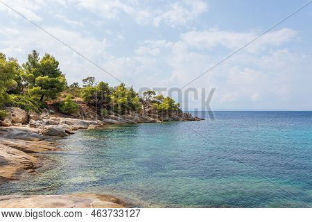 Kalogria Beach In Sithonia, Halkidiki With Turquoise Shining Sea During Summer Time In Greece.