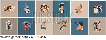 Hand Drawn Vector Stock Abstract Graphic Illustrations With Zodiac Astrological Contemporary Signs S