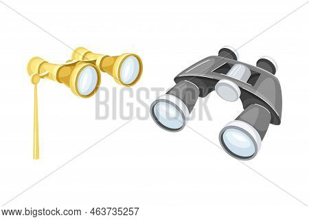 Binoculars Or Field Glasses As Two Refracting Telescopes For Viewing Distant Object Vector Set