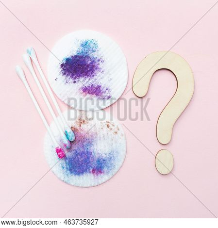 Dirty Cotton Pads And Sticks After Removing Makeup. Square. Pink Background. Dirty Cosmetic Pad Afte