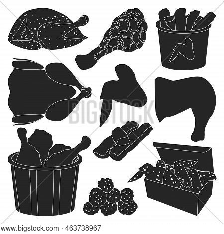 Fried Chicken Isolated Black Set Icon. Vector Illustration Crispy Wing On White Background. Vector B