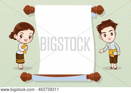 Thai Cartoon Character In Traditional Costume Presenter Sawasdee And Welcome