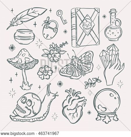 Witchcraft Objects Love Magic Alchemic Monochrome Elements Astrology Esoteric Occult Doodle Sketch H