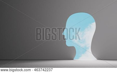 Mindfulness Concept. Bright Sunny Sky Seen Through A Side Profile Hole In A Wall. 3d Rendering