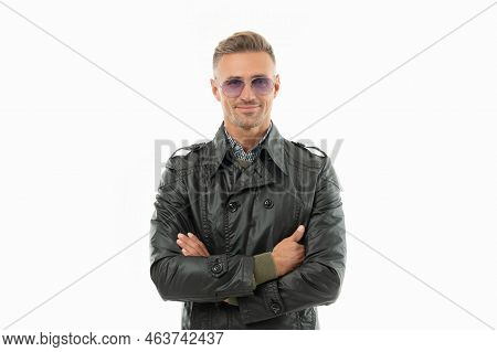 Studio Shot Of Happy Grizzled Guy. Adult Grizzled Guy In Glasses Isolated On White Background.