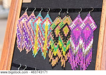Colorful Beaded Earrings In Boho Style - Handmade Folk Style Jewelry At Souvenir Stall, Flea Market,