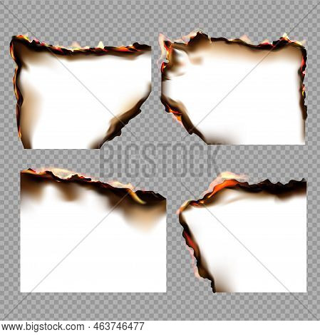 Realistic Burnt Papers Icon Set Four Burnt Pieces Of White Paper On Transparent Background Vector Il