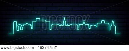 Blue Neon Skyline Of Dover. Bright Dover City Long Banner. Vector Illustration.