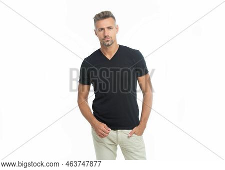 Studio Shot Of Grizzled Guy. Mature Grizzled Guy Isolated On White Background. Grizzled Guy