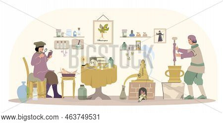 Ancient Medicine Flat Composition With Indoor Scenery And Two Vintage Healers Preparing Mixture And 