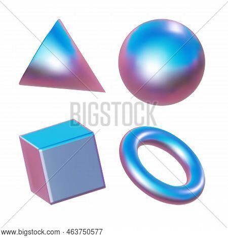3d Pink Metal Neon Gradient Shapes Render. Vector Abstract Element Set Of Shere And Ball, Cube And C