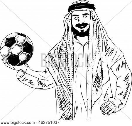 Arab Man Holding Football Silhouette For Soccer World Cup Ad Banner, Welcome To Qatar, Arab Man Hold