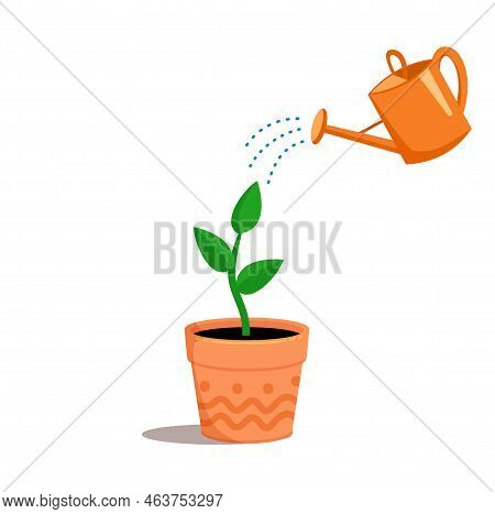 Garden Watering Can And Waters A Flower Sprout.