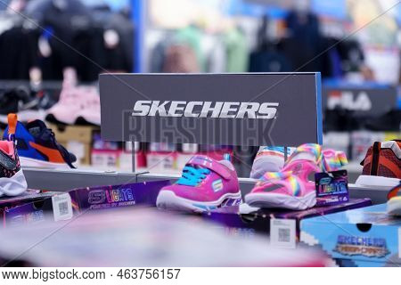 Tyumen, Russia-august 12, 2022: Skechers Logo Usa Inc. Is An American Lifestyle And Performance Foot
