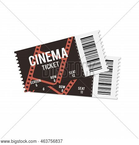 Two Cinema Tickets Isolated On White Background. Movie Entrance Coupon Template Design. Vector Stock