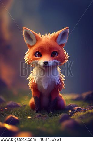 Portrait Of A Cute Baby Fox. Digital Art 3d Illustration In The Style Of Animation