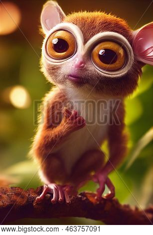 3d Illustration Of A Cute Adorable Slow Loris Monkey With Big Eyes. Animation Style Character