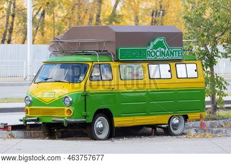 Krasnoyarsk, Russia - 24 September, 2022: Green And Yellow Eraz 762 Minibus Car With Mobile Coffee S