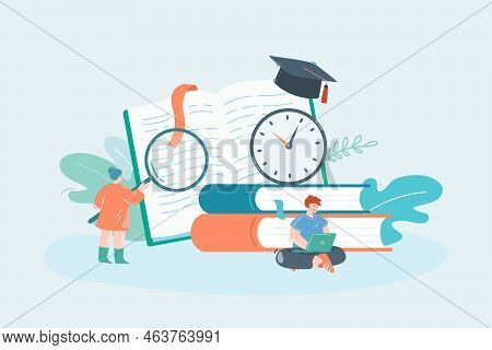 Student Using Laptop And Girl Studying Big Textbook. Stopwatch Or Timer On Huge Books Flat Vector Il