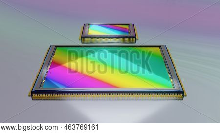 200 Megapixel Digital Camera Sensor Compared To Smaller Previous Generation Sensor, 3d Rendering, Hu