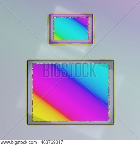 200 Megapixel Digital Camera Sensor Compared To Smaller Previous Generation Sensor, Top View, 3d Ren