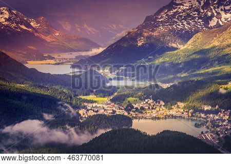 Celerina An Engadine Lakes, St Moritz, Silvaplana And Maloja From Muottas Muragl