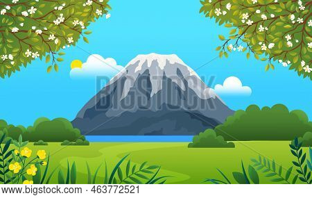Mountains Landscape, Abstract Lilac Sunset Panoramic View. Mountainside Volcanic Background. View Of