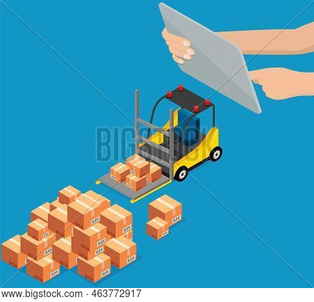Operator Controls Forklift With Computer, Machine Lifts Boxes On Special Device, Carries Cardboard B