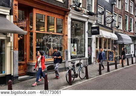 Amsterdam, Netherlands - July 10, 2017: People Walk Along Nieuwe Spiegelstraat, Antique Shopping Str