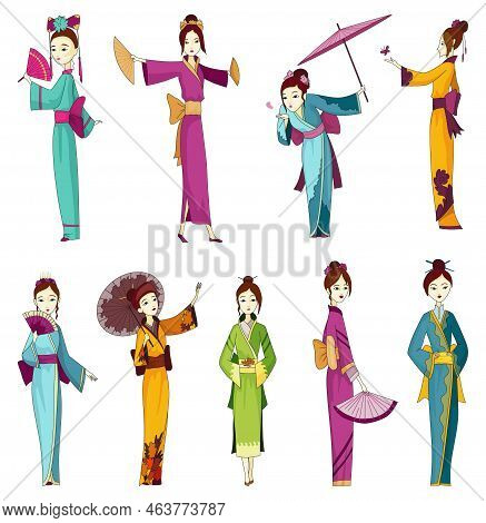 Japanese Girls Standing In Kimono. Womens In Traditional Style Costume. Full Length Portrait Of Typi