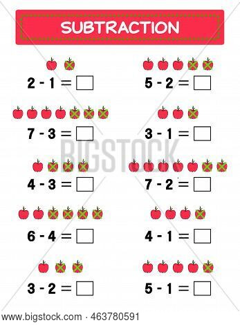 Subtraction.  Math Worksheet For Kids. Developing Numeracy Skills. Solve Examples And Write. Mathema