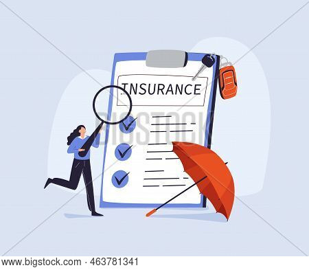 Insurance Of Auto Or Real Estate Illustration. Character Buying Or Renting Car Signing Full Coverage