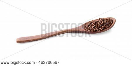 Wooden Spoon With Buckwheat Tea Granules On White Background