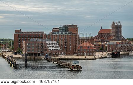 Germany, Wismar - July 13, 2022: Hafenspitze Dock West Point With Left Stockholm Quay And Right Alte