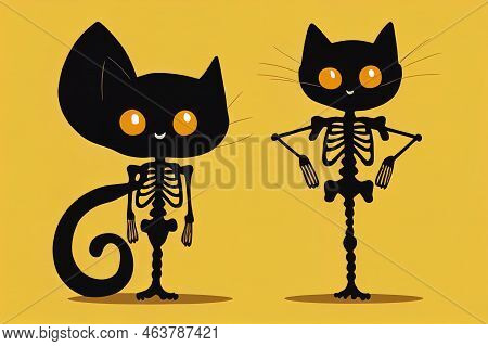 Cartoon Black Cat Drawing With Skeleton, Cute Schrodingers Cat Illustration. Funny Halloween Clip Ar
