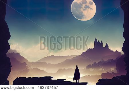 Dracula Stands On A Rock, His Cloak Fluttering In The Wind. In The Background Is A Gloomy Castle, A 