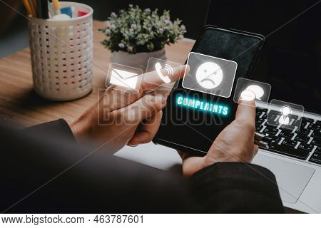 Complaints Concept, Business Woman Using Smartphone With Complaints Icon On Vr Screen, Dissatisfacti