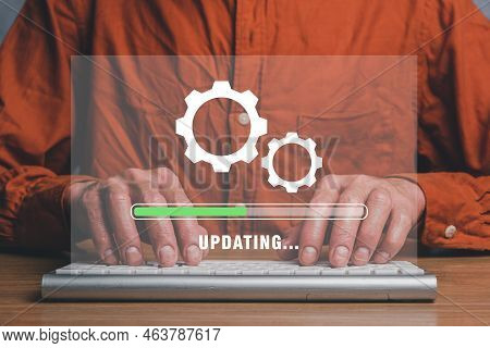 Update Progress Concept, Person Waiting For Installing Update Process With Loading Bar Icon On Virtu