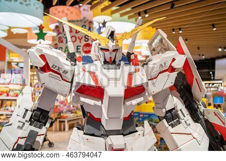 Bangkok, Thailand - Oct 14, 2022: Full-size Mobile Suit Rx-0 Unicorn Gundam Replica From The Mobile 