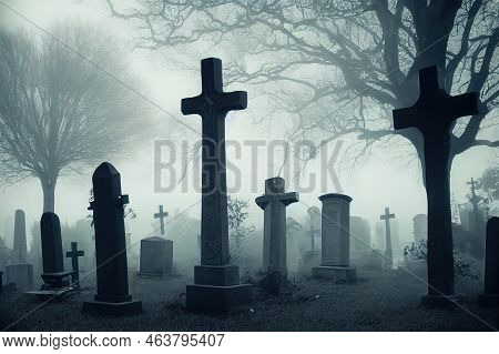 Old Cemetery In The Fog With Vintage Mausoleums, High Crosses, And Creepy Spooky Trees On Grassfield