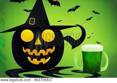 Realistic 2d Illustrated Halloween Black Witchs Cauldron With Green Brew With Eyes. Happy Face Hallo