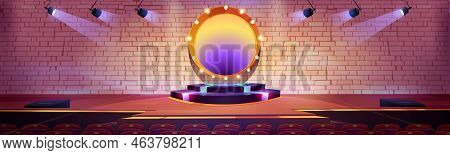 Stage For Concert, Award Ceremony, Music Show, Comedy Contest With Round Podium, Spotlights And View