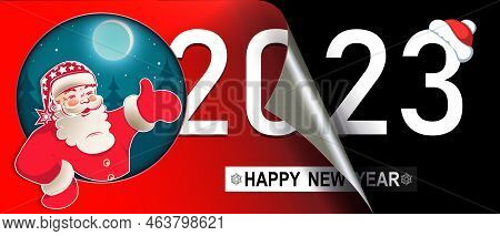 Christmas Composition Happy New Year 2023, Silhouette Of Santa Claus, Hand Indicates The Direction