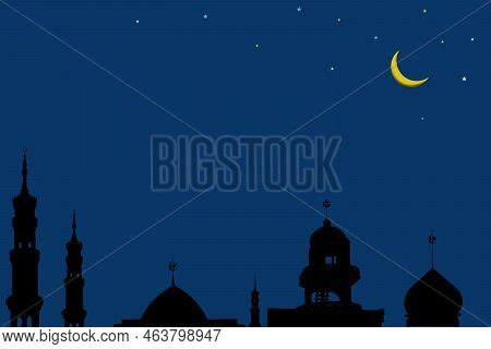 Mosques Dome Crescent Moon And Star On Blue Background,new Year Muharram Asia Religious Muslim,ramad